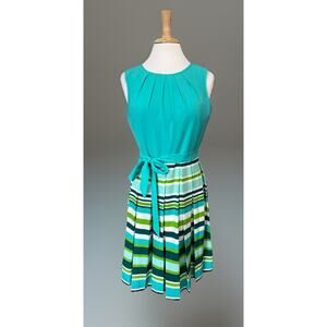 Talbots Womens Dress 10P Green Aqua Striped Belted Pleated Sleeveless Summer